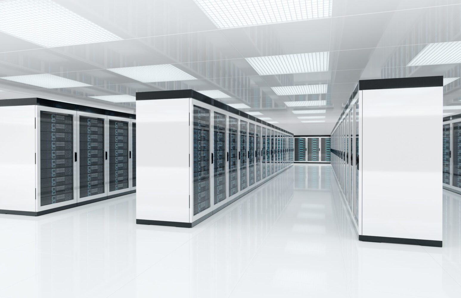 White servers data center room with computers and storage systems 3D rendering